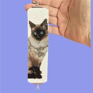 Handwoven Siamese Cat adjustable peyote wide cuff bracelet Burmese Thai Kitty